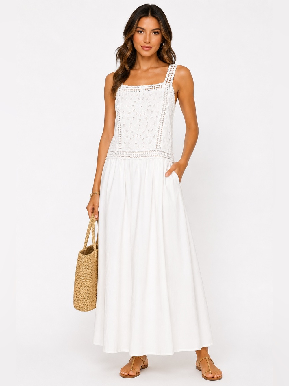 🇮🇹 NWT White Eyelet Maxi Dress with Crochet Bodice